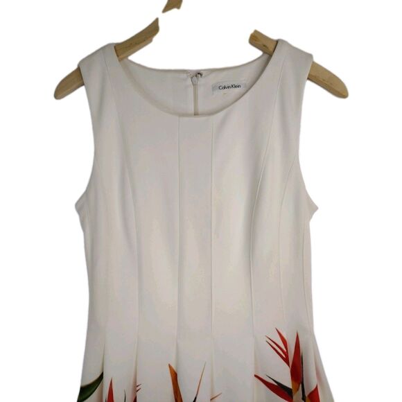 Calvin Klein Bird Of Paradise Dress White Orange Green Fit & Flare Stretch Sm - Picture 5 of 14